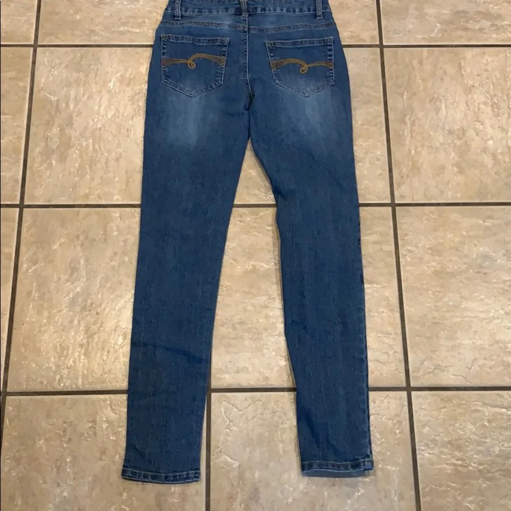 Justice Girls Blue Denim Jeans with Black Floral Print